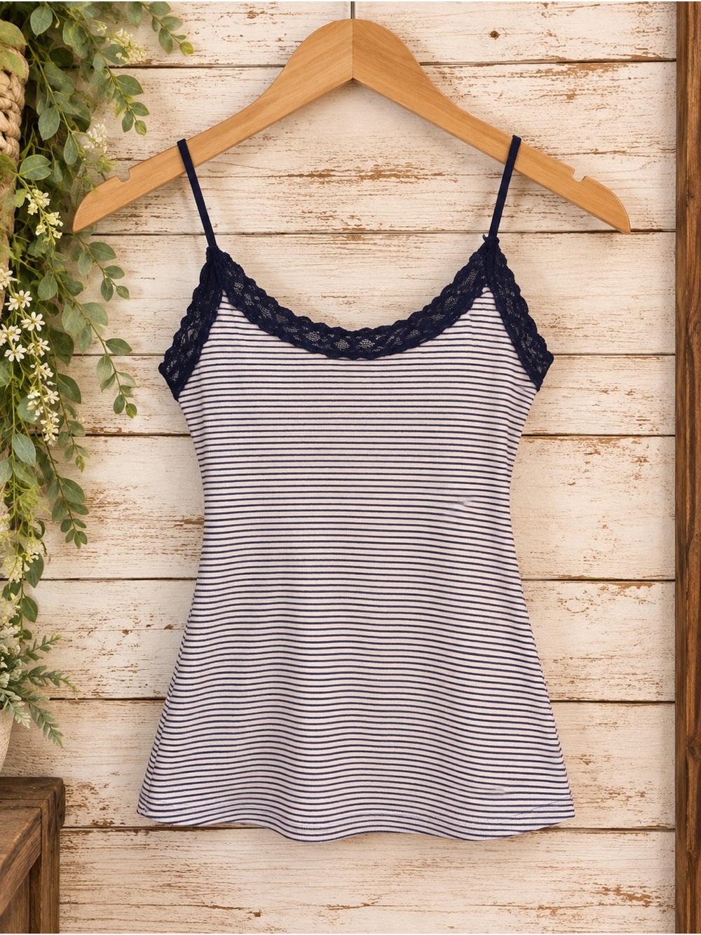 Striped Navy & White Lace-Trim Cami Top